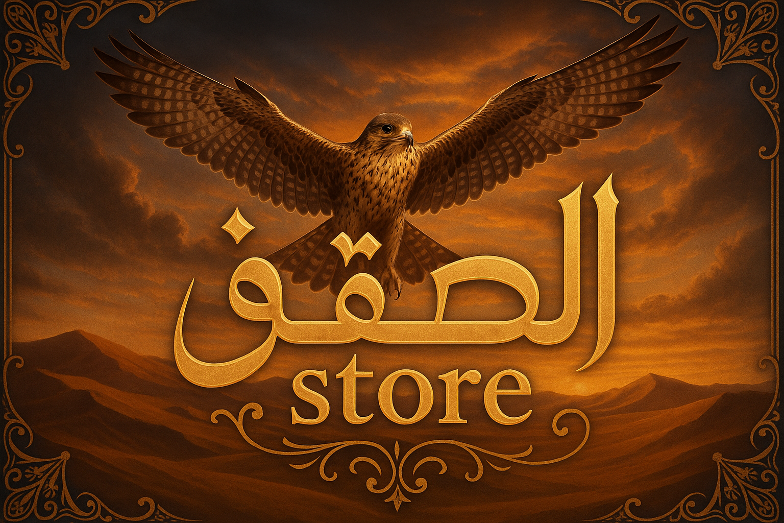 write alsaqr in arabic, inside arabic word write store. background theme falcon